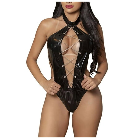 

RPVATI Women Sexy Leather Teddy Halter Bodysuit Hollow Out V Neck Lingerie Babydoll