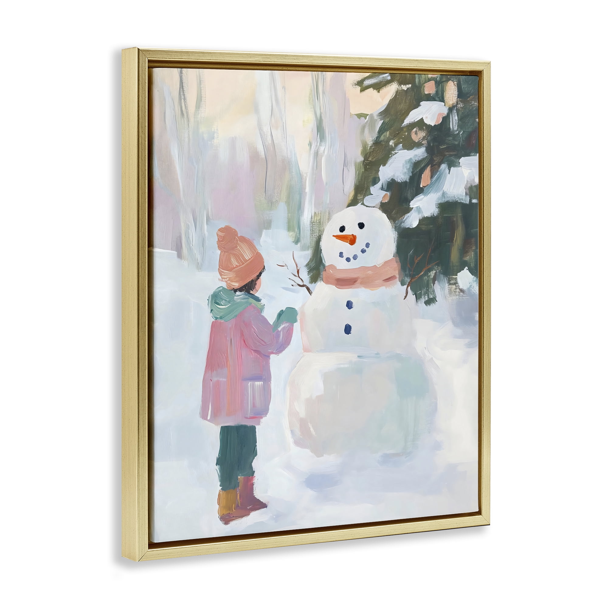 Stupell Industries Girl & Snowman in Winter Gold Framed Floater Canvas Wall Art, design by The Prints Vibe