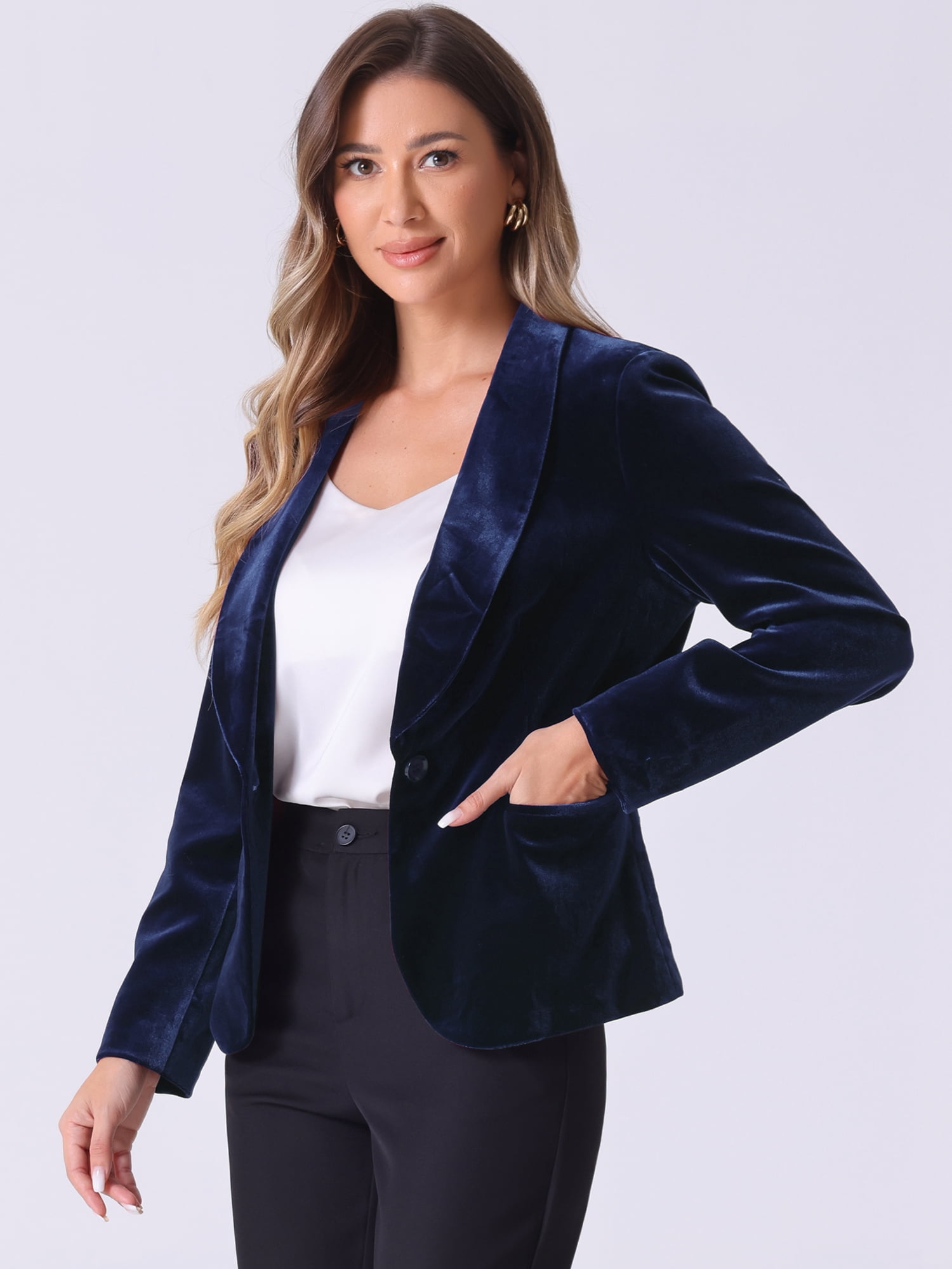 DARING DIVA Women's Velvet Office Coat Solid Shawl Collar Blazer XS Dark Blue