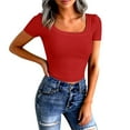 thumbnail image 2 of WULMLEO Womens Ribbed Knit Fitted Tops Square Neck Short Sleeve Y2k Tees Solid Stretch Shirt Summer Going Out Party Outfits Red L, 2 of 5