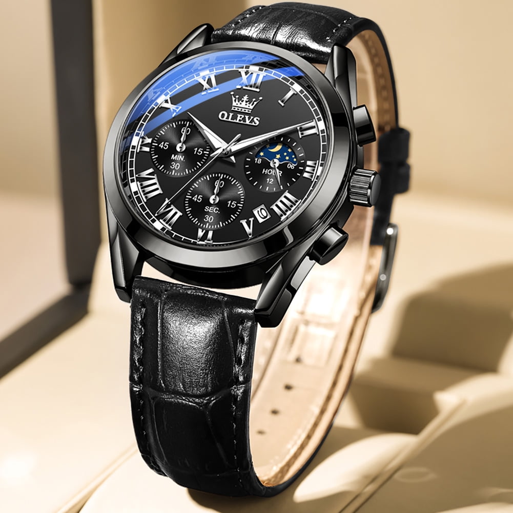 OLEVS Mens Watches Luxury Chronograph Moon Phase Waterproof Luminous Black Leather Strap Date Classic Watch for Men
