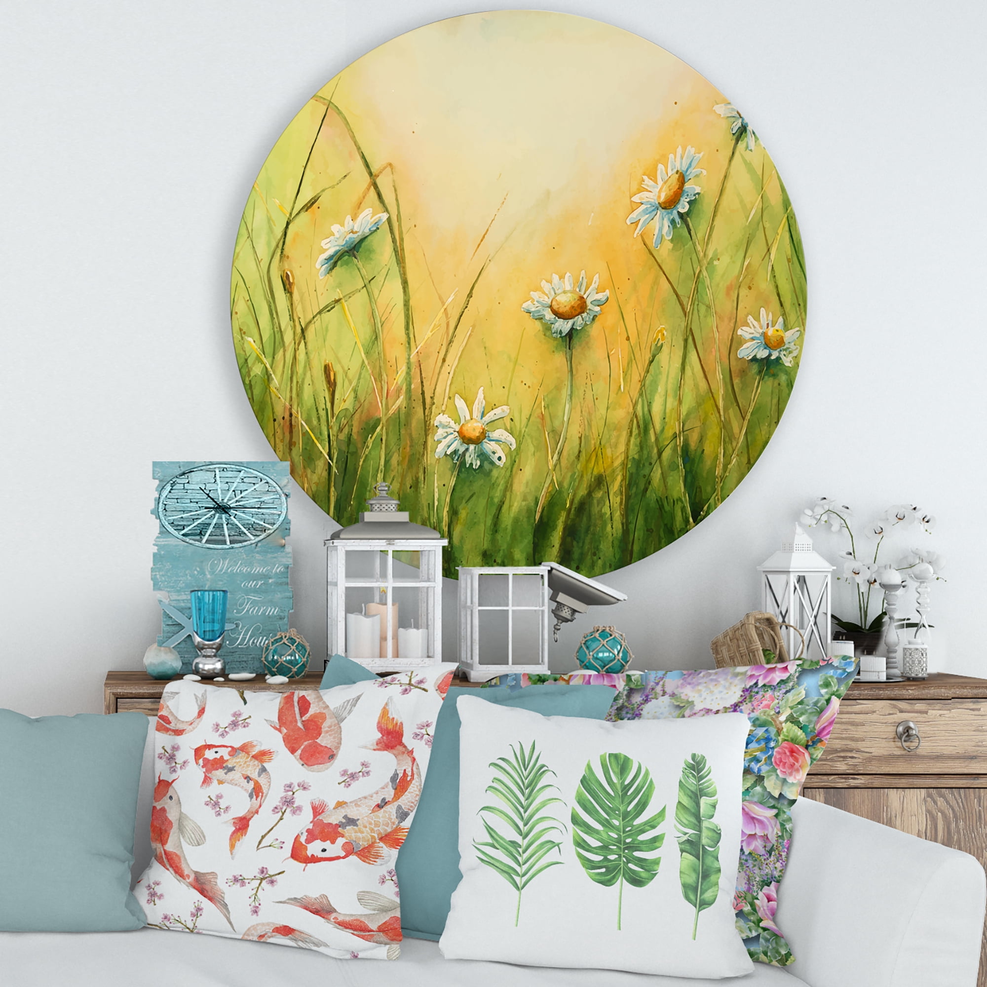 Designart 'Sunset Field With Herbs and Chamomiles' Traditional Circle Metal Wall Art 36x36 - Disc of 36