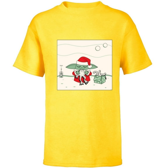 Star Wars Grogu Santa Costume with Holiday Christmas Cookies - Short Sleeve T-Shirt for Kids - Customized-Yellow