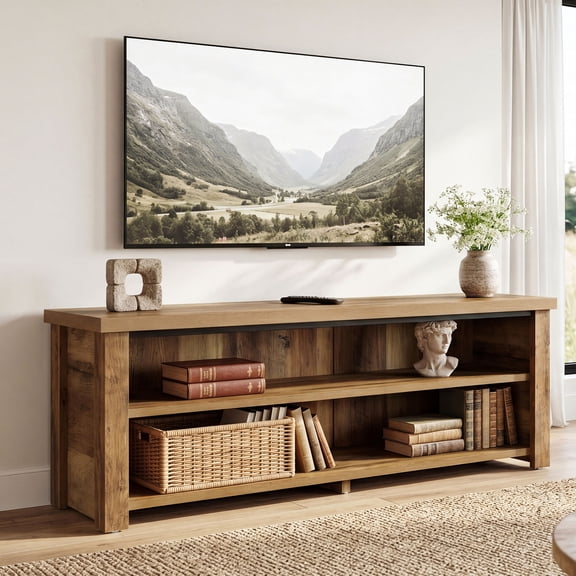 Finmind TV Stand for 55/60/65-Inch TVs, 55.12 inch Farmhouse Entertainment Center with Storage, 2-Tier Television Stand for Living Room, Rustic Brown