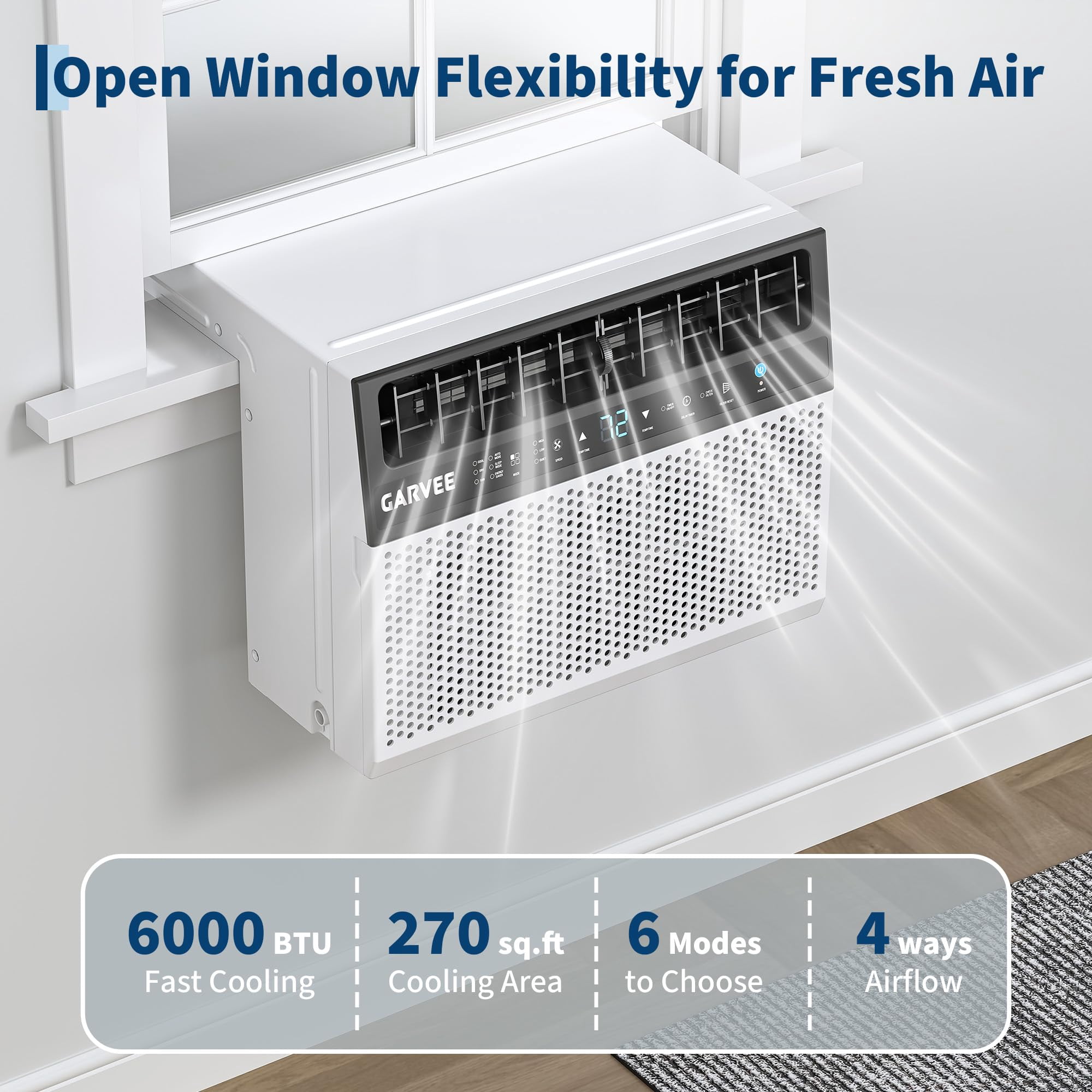 Garvee 6000 BTU Window Air Conditioner, 6-in-1 U-Shape AC Units with Remote Control, Open Window Flexibility, Cools up to 270 Sq.ft, 115V, White