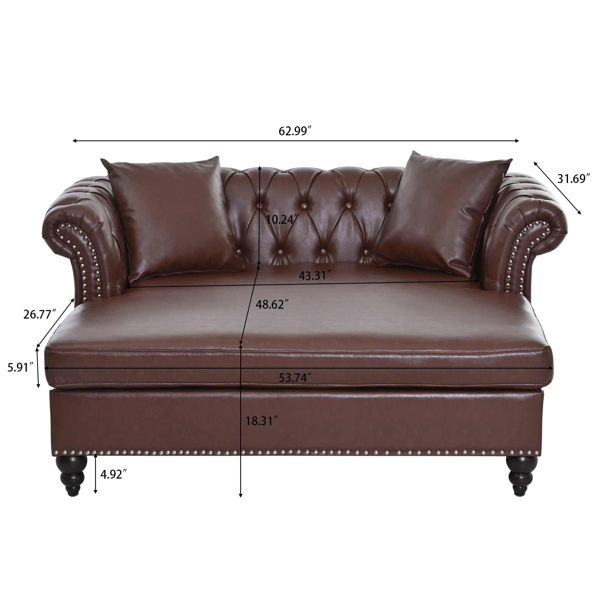 Chesterfield Faux Leather Sofa Chaise Lounge, Button Tufted Couch Loveseat With Nailhead Trim and Rolled Arms For Living Room Office Apartment