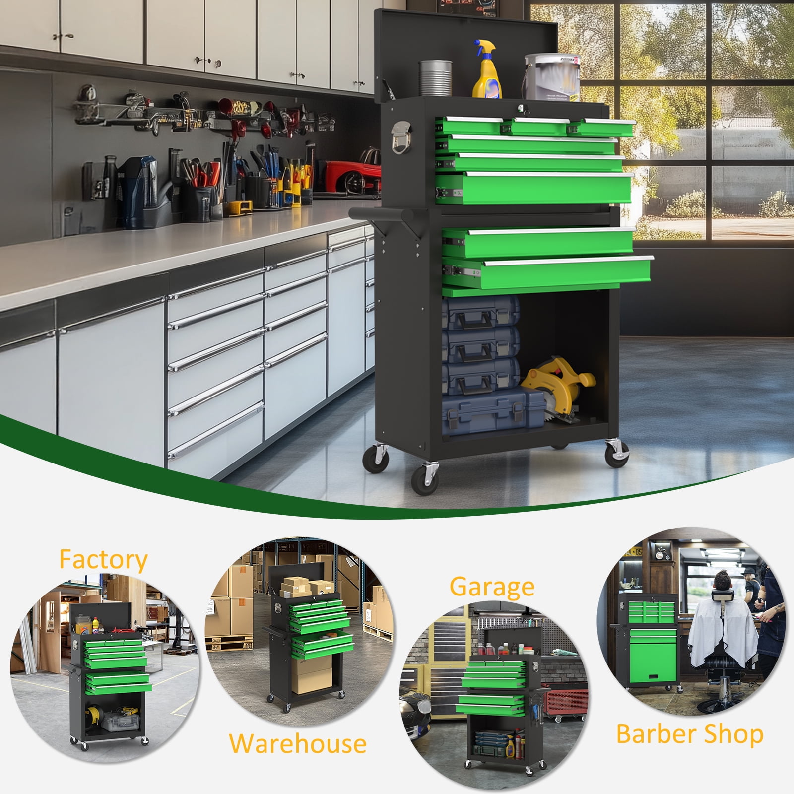 Odaof, 54 lb, 24.4" 8-Drawer Detachable Toolbox with LockGreen and Black