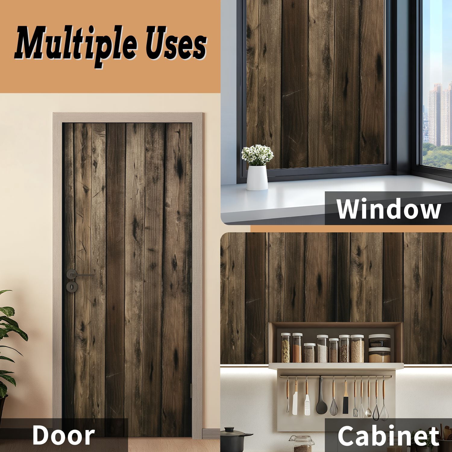Self Adhesive Vinyl Refrigerator Wrap Set Rustic Wooden Wall Panels Natural Vintage Warm Door Mural Removable Fridge Sticker Peel and Stick&nbsp;Full Door Cover Decal Kitchen Bar Decor