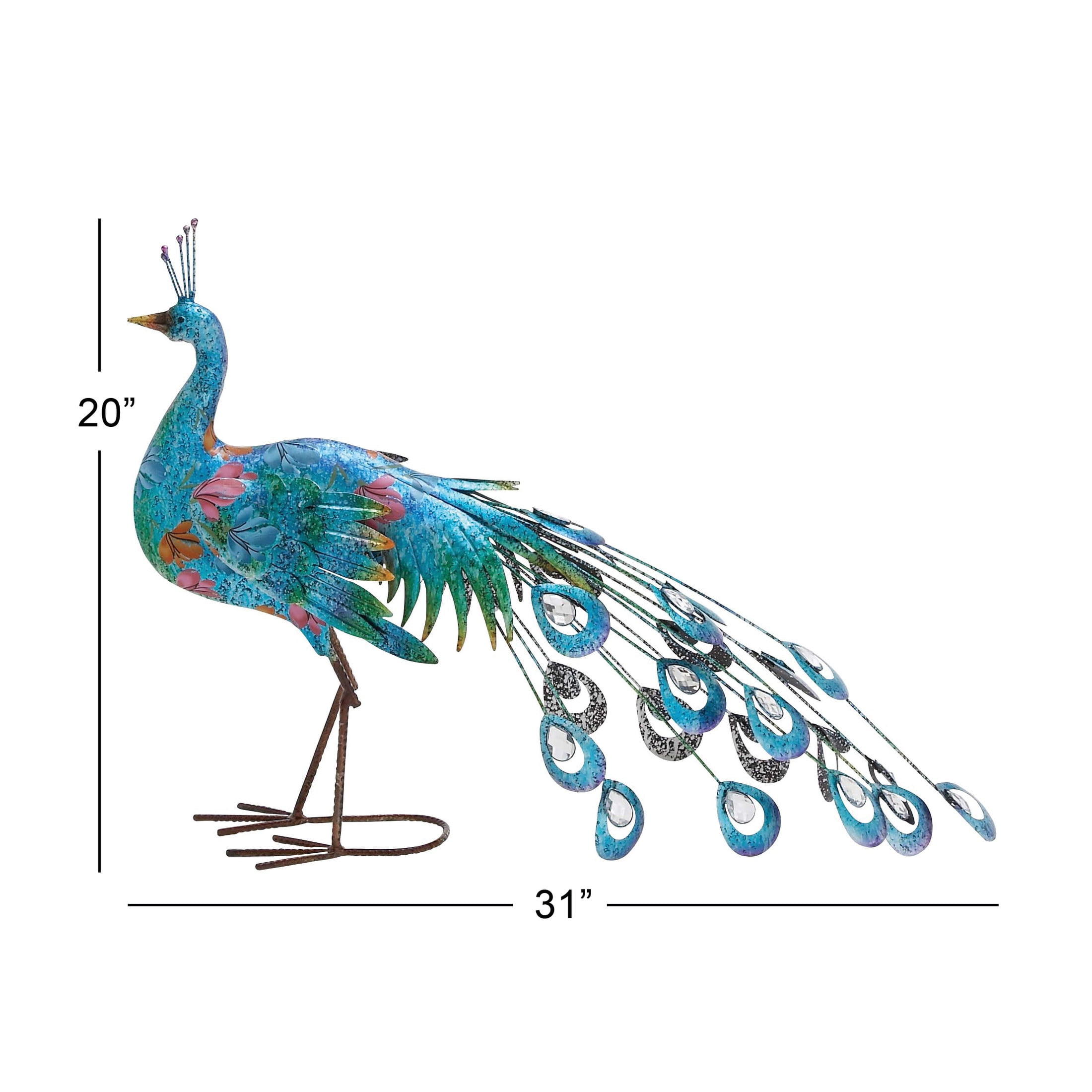 DecMode 20" Indoor Outdoor Peacock Garden Sculpture with Crystal Accents