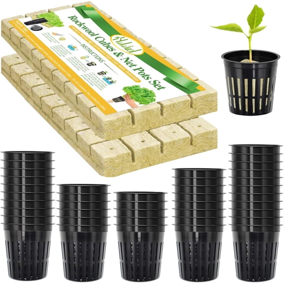 72PCS 1.2 Inch Rockwool Cubes with 56PCS 2 Inch Net Cups for Hydroponics Great Kratky Hydroponics Kit for Soilless Cultivation Cloning Plants Growing Seeds