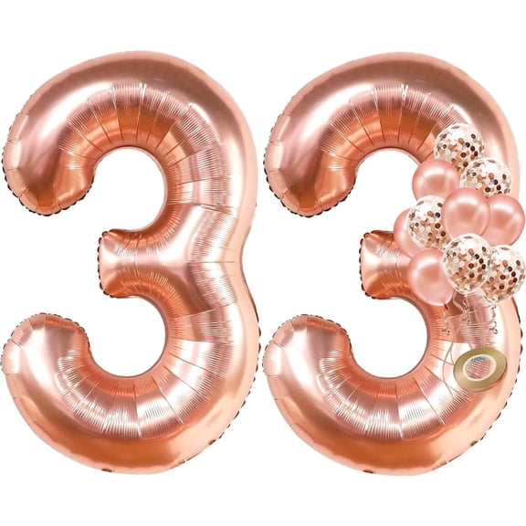 12Pcs Rose Gold 33th Birthday Party Decorations 32Inch Number 33 Foil Balloons 12Inch Latex Confetti Balloons for 33 Year Old Women Lady Birthday Anniversary Party Home Decorations Supplies