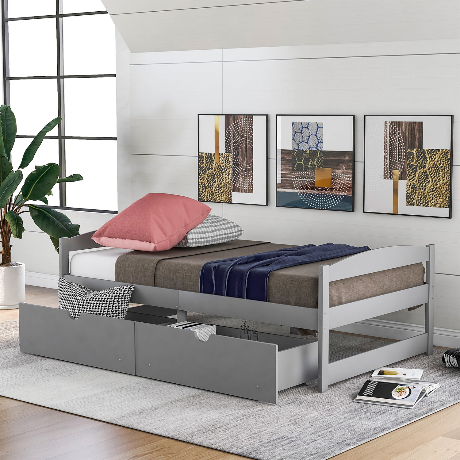 Platform Bed With Drawers, Twin Size Gray Bed Frame With Two Pull Out