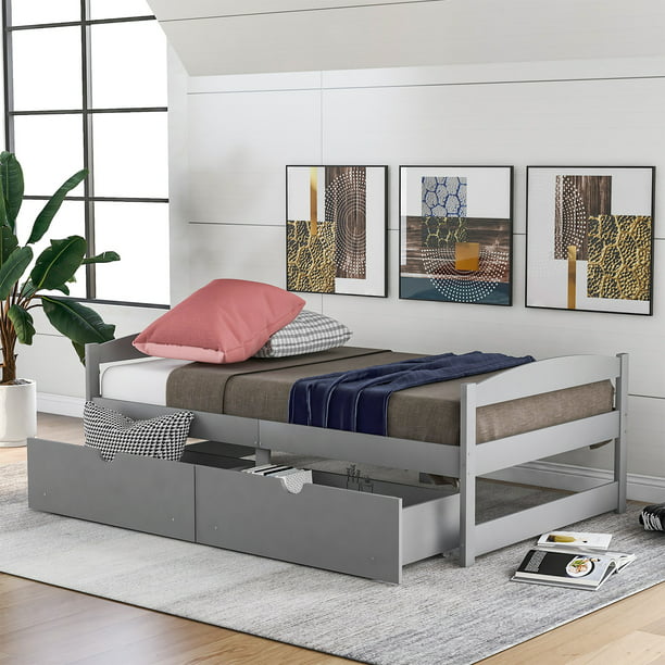 Drawers Twin Size Gray Bed Frame, Twin Size Bed With Pull Out Storage