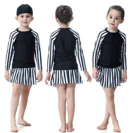 

KangQi Kids Girl Muslim Long Sleeve O Neck Top Pleated Skirt Cap Swimsuit Swimwear Set