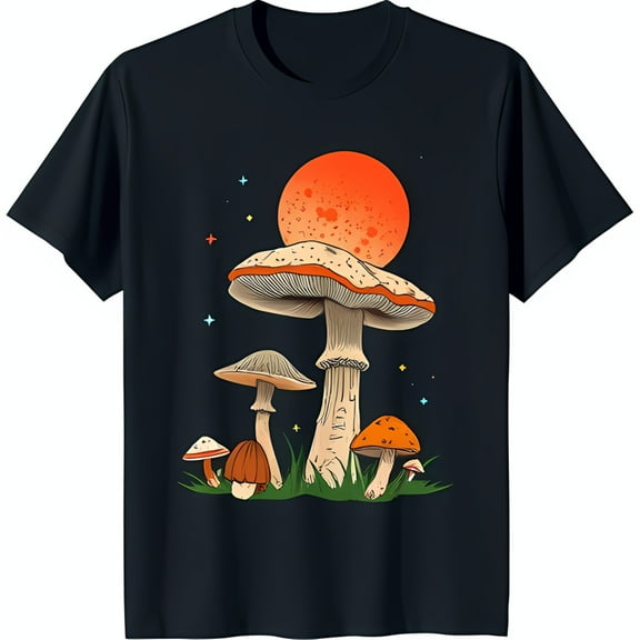 Vibrant Mushroom Graphic Black T-Shirt with Red Moon Design Unique Art Tee