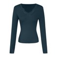 thumbnail image 4 of GEWSEY Women's Ribbed Fitted Long Sleeve Shirts Basic Notch V Neck T Shirts Layering Tee Tops (Blue, M), 4 of 6