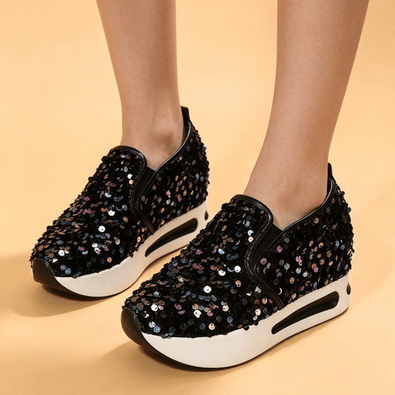 Sneakers for Women, Womens Walking Shoes, Office Shoes, Women's Slip On Mesh Sneakers With Floral Embroidery, Breathable Platform Shoes With Hidden Wedge Heel for Daily Wear, Black US-5/EU-36