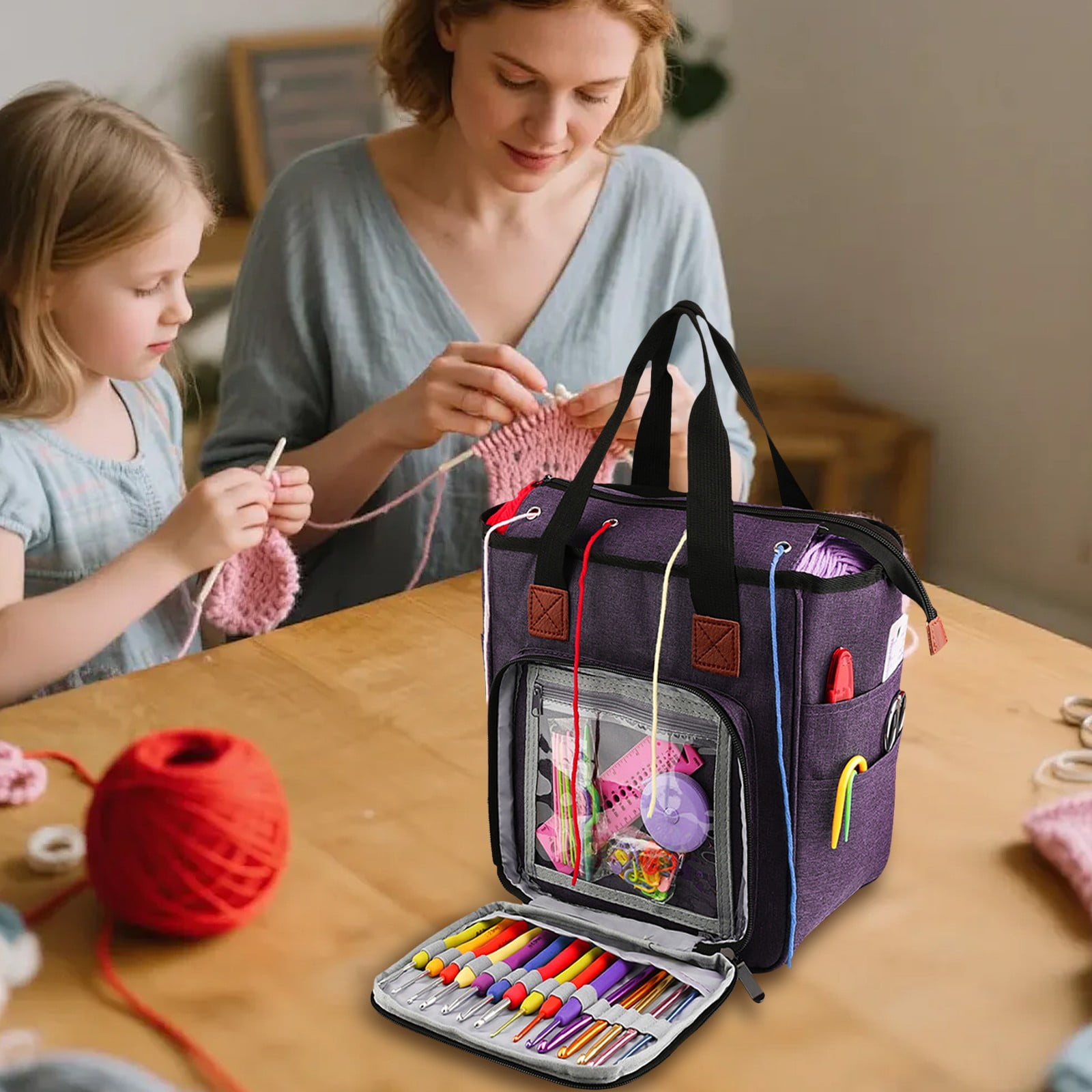 Knitting Project Bag Cozival Multi-Compartment Knitting Project Bag with Needle Organizer - Portable Storage for Yarn, Crochet Hooks, and Accessories, Perfect for Crafters on The Go, Purple
