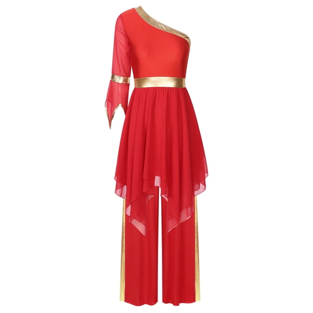 TTAO Robe de Danse à Manches Évasées avec Paillettes et Pantalon Grand Rouge m