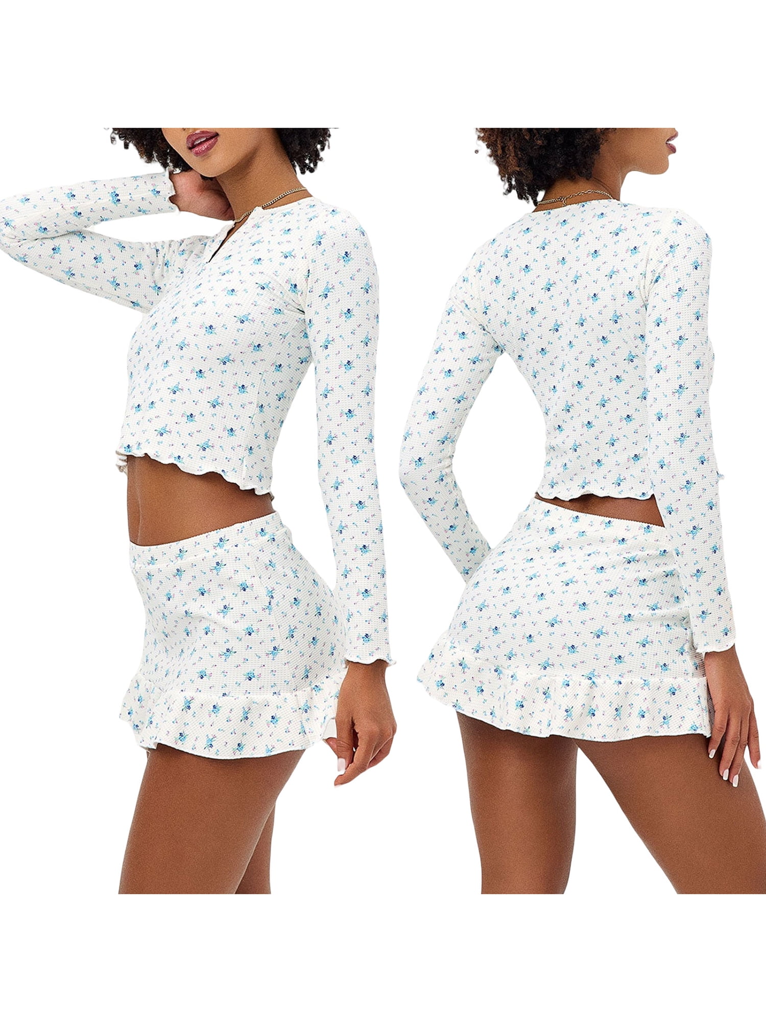 Women 2 Piece Shorts Sets Floral Print Fairy Grunge Shirt High Waist