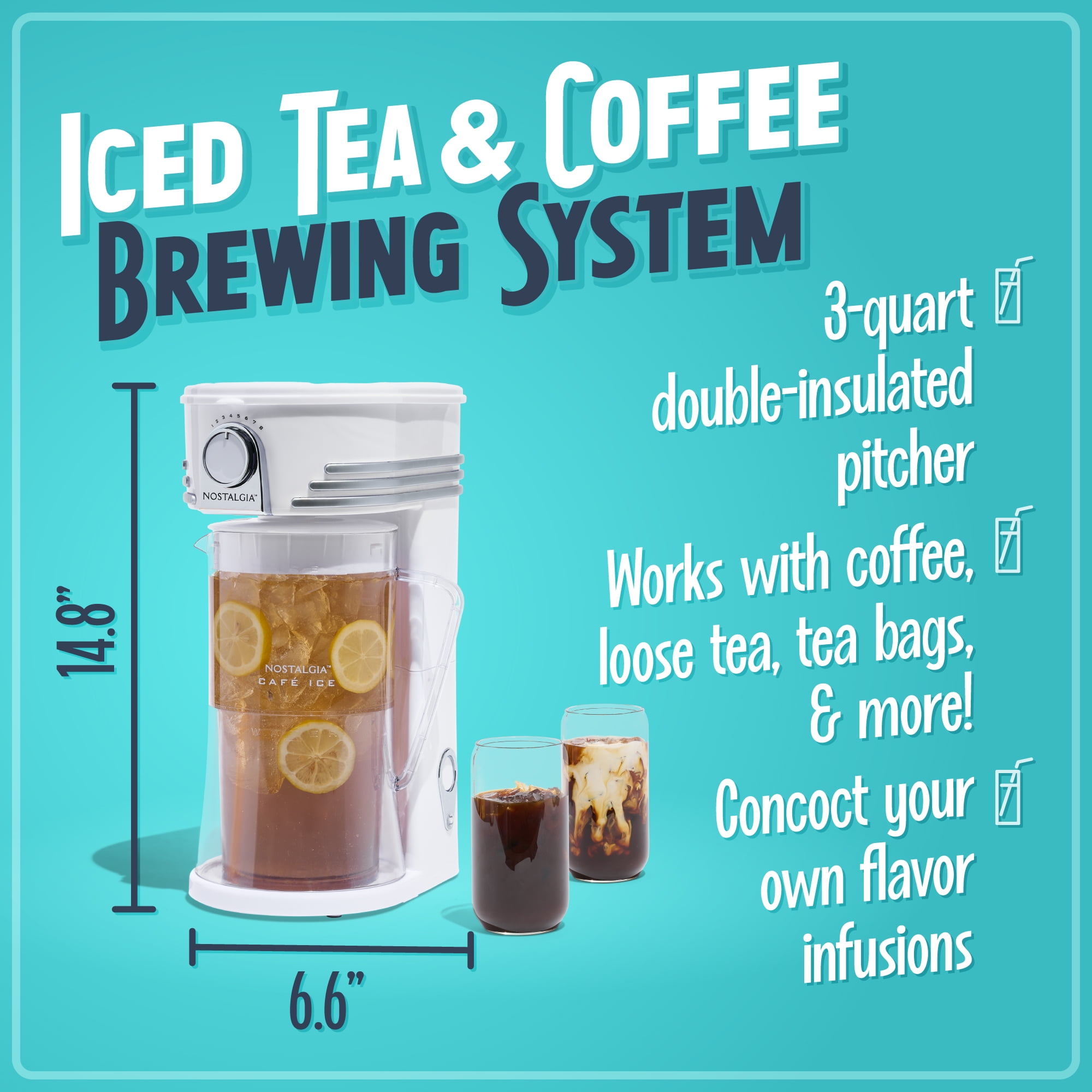 HomeCraft Electric Iced Tea Maker, 3 qt Cold Brew Coffee and Tea Brewer with Plastic Pitcher, White