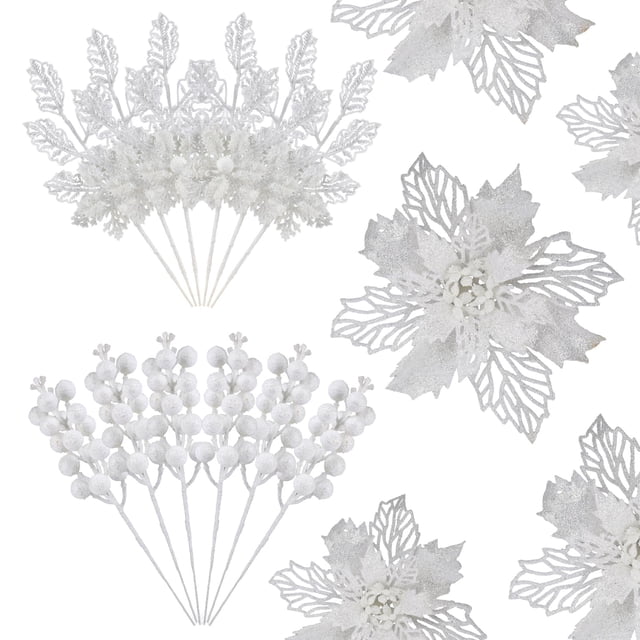 Decoración para árbol de Navidad Alupssuc, 24 unidades, flor de pascua blanca