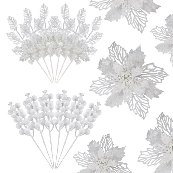 Decoración para árbol de Navidad Alupssuc, 24 unidades, flor de pascua blanca