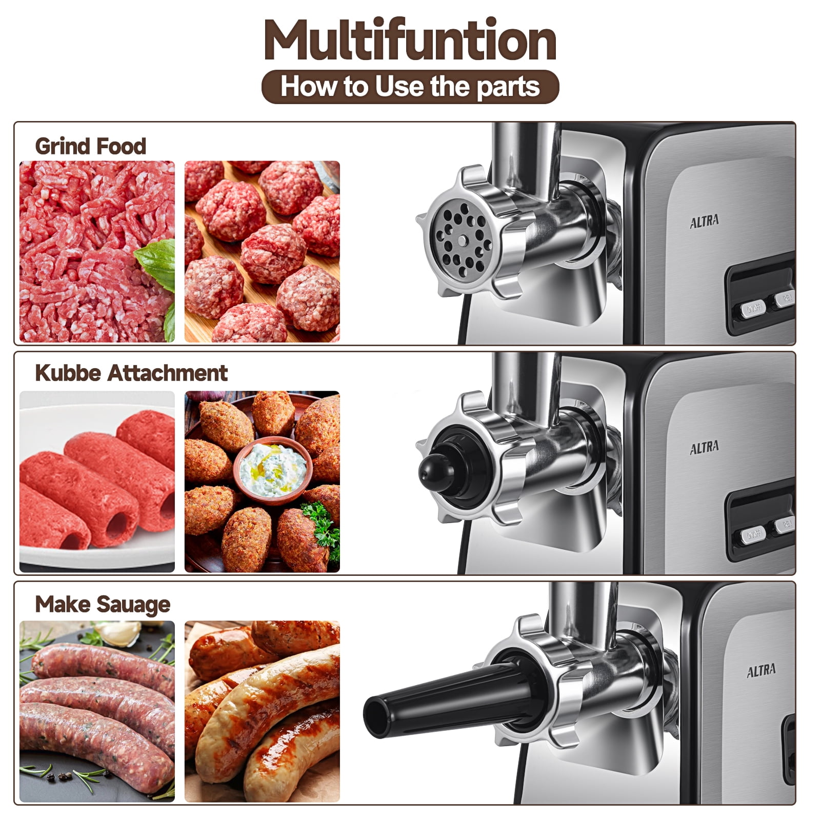 ALTRA LIFE Meat Grinder Electric, Sausage Maker, Meat Mincer with 2 Stainless Steel Blades & 3 Stainless Steel Grinding Plates, Sausage Stuffer & Kubbe Kit for Home Kitchen Use