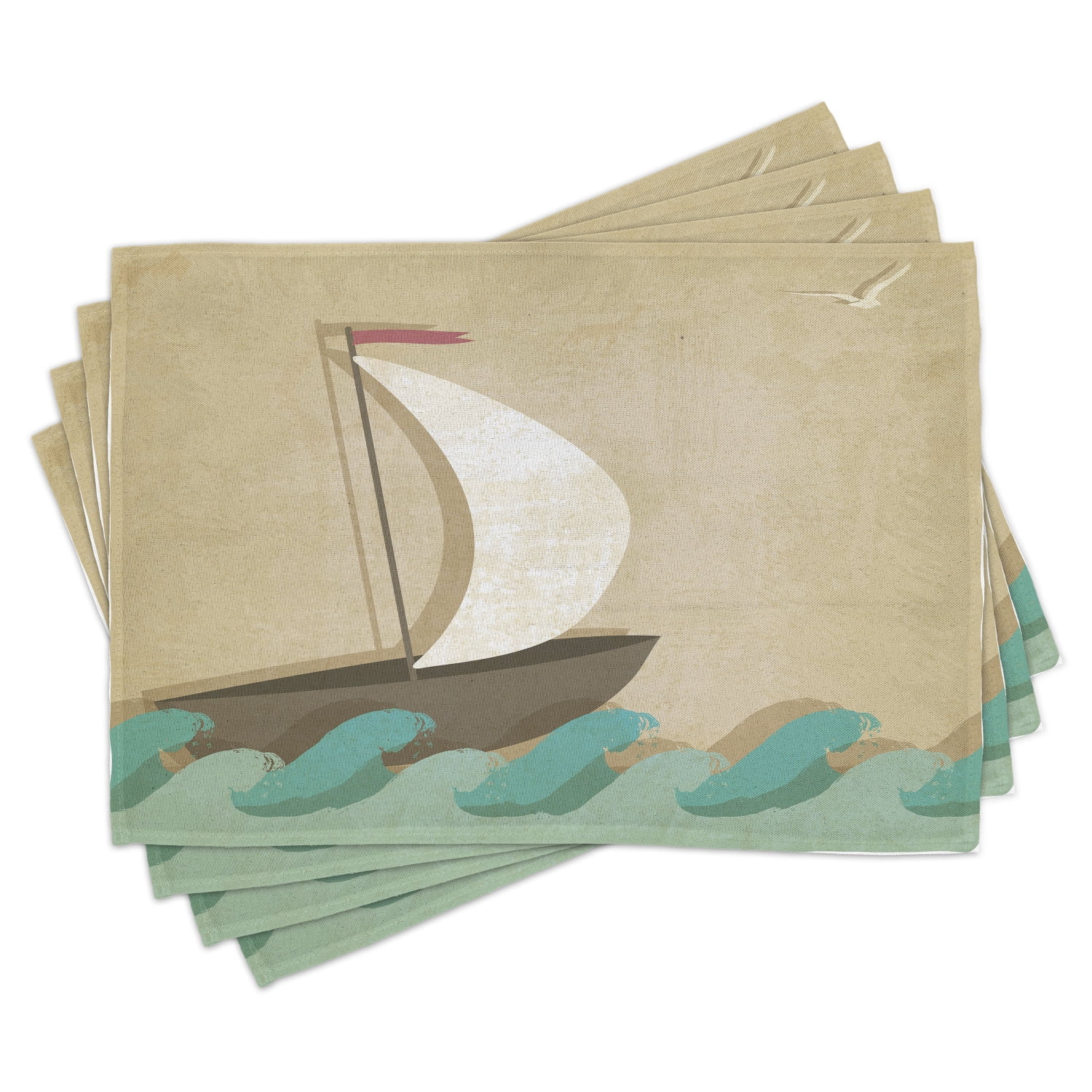 Ocean Placemats Set of 4 Sail Boat On Waves with Seagulls Nautical