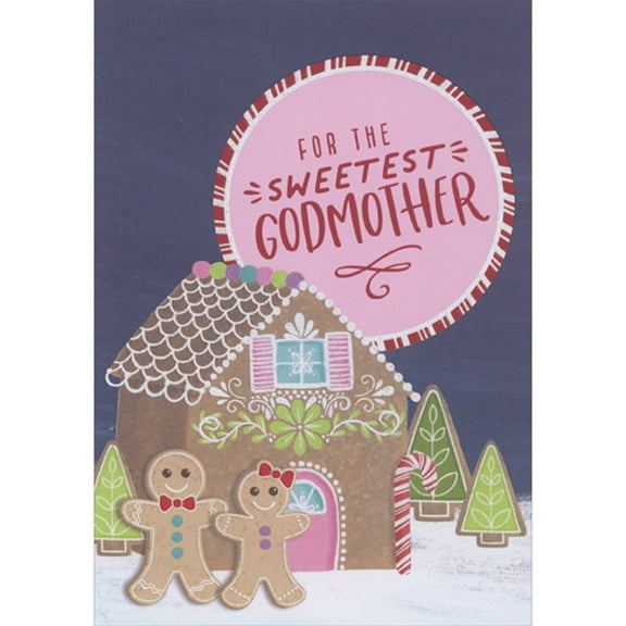 Designer Greetings Gingerbread Man and Woman In Front of Gingerbread House Juvenile Christmas Card for Godmother
