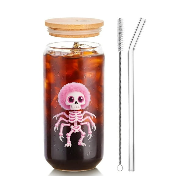 KOCHIC CRATE Cute Glass Cup with Straw and Lid, 16oz Clear Glass Drinking Cup with Pink Skeleton Characte Design, Gift Item