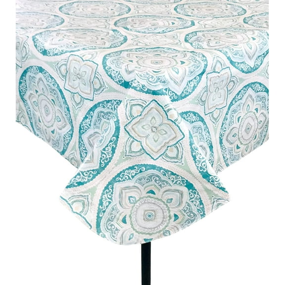 Floral Green And White Medallion Flannel Back Vinyl Tablecloth: Colorful Teal Mint Cream Summer Fun Tablecloth for Easy Clean for Cookout Picnics Home Kitchen Office Business 52" x 70" mantales