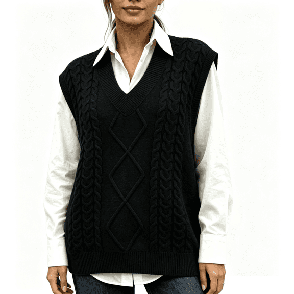 Women's V-Neck Sweater Vest Cable Knit Sleeveless Oversized Pullover Top Black XL