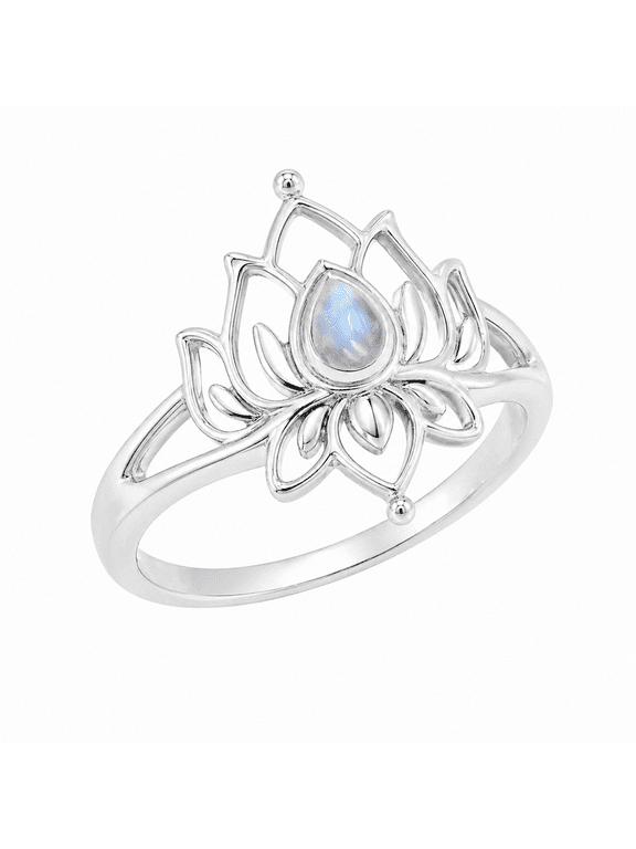 Earth Gems Jewelry Moonstone Lotus Ring for Women, 925 Sterling Silver Floral Statement Ring