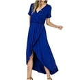 thumbnail image 1 of Leutsin Robe d'Été Unie à Manches Courtes Col en V Fendue à la Taille Slim, 1 of 5