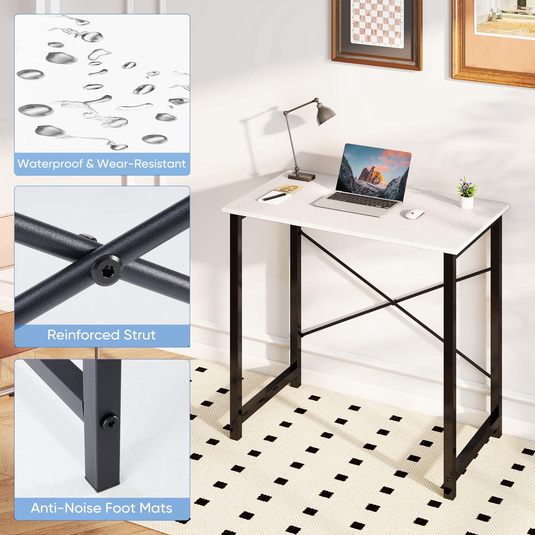 CONCETTA Computer Desk 31 Inch, Simple Farmhouse Table With Storage Bag & Headphone Hooks, White