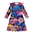 thumbnail image 4 of FKELYI Girl Long Sleeve Dress Ruffle Sleeve Crew Neck Trim Dress for Birthday Party Hippie Flower Mushroom Print A Line Tiered Swing Pactchwork Dresses, 9-10 Y, 4 of 6