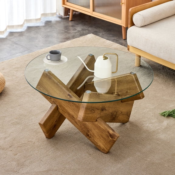 33.4" Round Glass Coffee Table, Modern Tempered Glass Top with Natural Wood MDF Legs for Living Room, Farmhouse