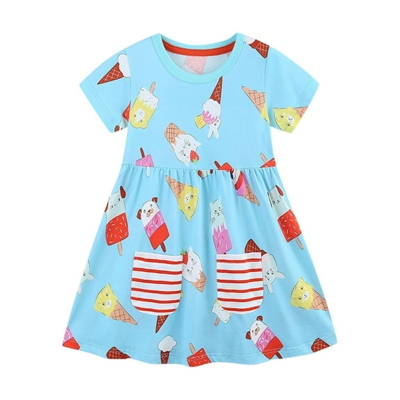 Gpaecead Toddler Girls Short Sleeve Dresses Ice Cream Printed Cotton Casual Basic Knit Shirt Sundress with Pockets 3 Years Light Blue