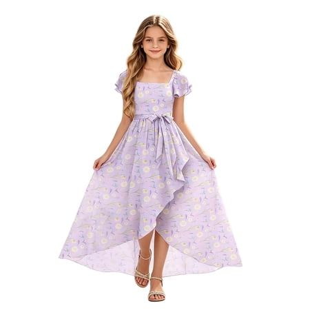 Zpanxa Girl Dress Girl s Flowy Maxi A-line Dress Floral High Low Short Sleeve Round Neck Casual Party Dresses Purple 7 Years