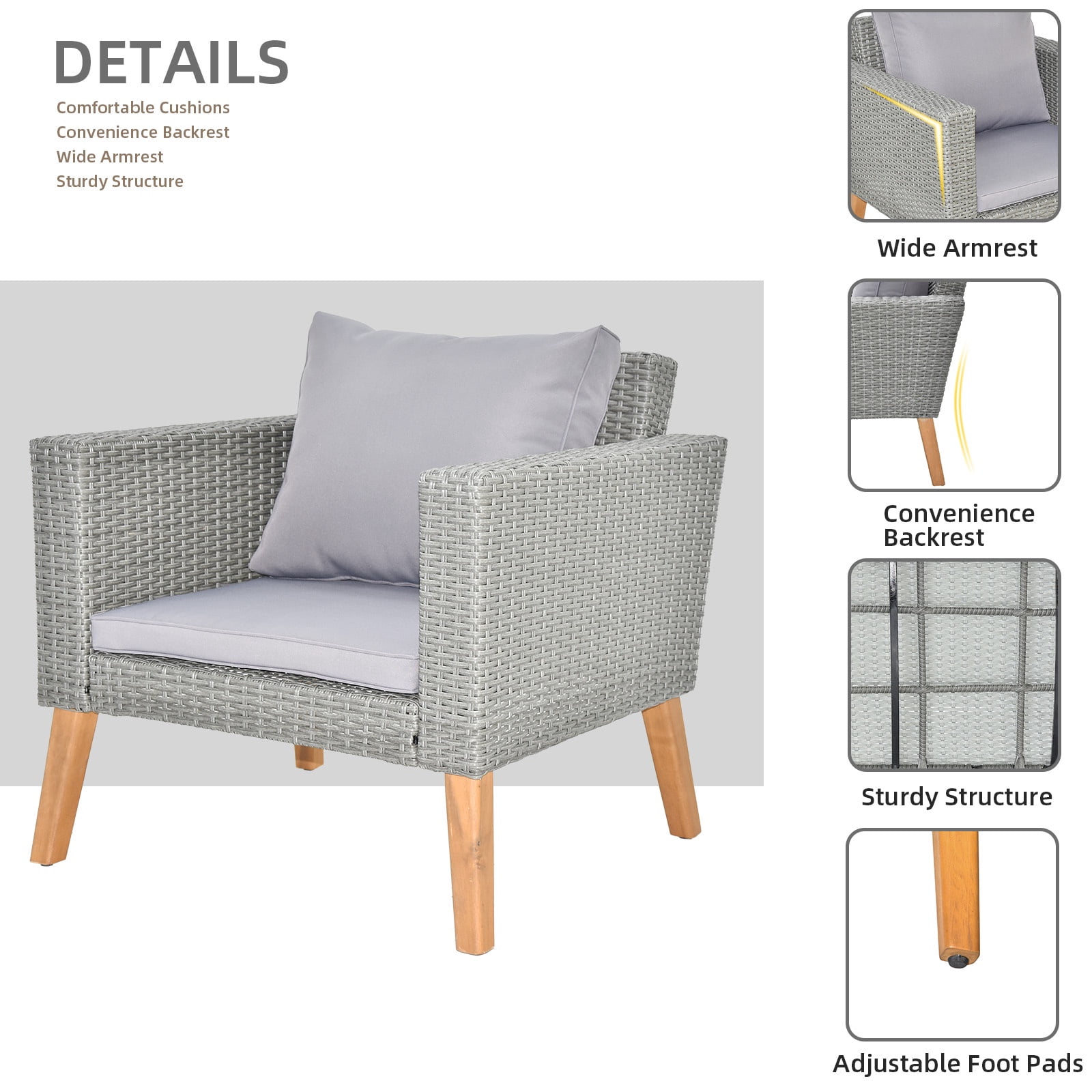 4 Pieces Outdoor Wicker Conversation Set, All-Weather Rattan Patio Furniture Sets with Arm Chairs, Tempered Glass Tabletop and Cushions, Sectional Sofa Set for Backyard, Garden, Poolside