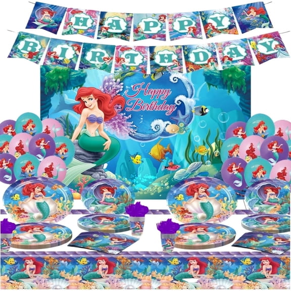Ariel Princess Theme Party Decorations Tableware Set , 125PCS Anime Birthday Plates and Cups Napkins Tablecloth Birthday Decorations Tableware