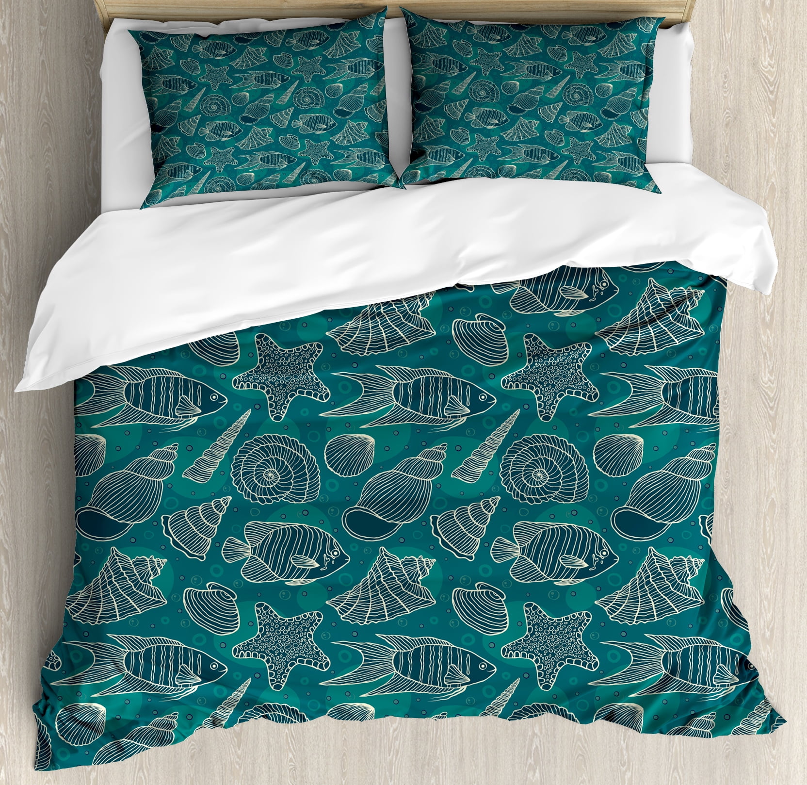 Sea Shells Duvet Cover Set, Nautical Ocean Pattern Underwater World Sea Life Theme Sketch Style