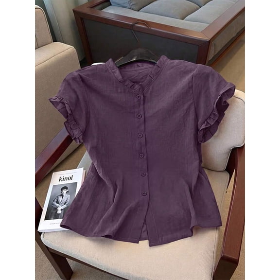 Women's Casual Solid Color Short Sleeve Shirt, Summer