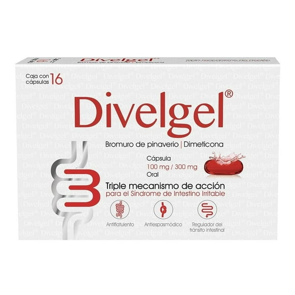Divelgel Bromuro de Pinaverio 100 mg, Dimeticona 300 mg 16 cápsulas