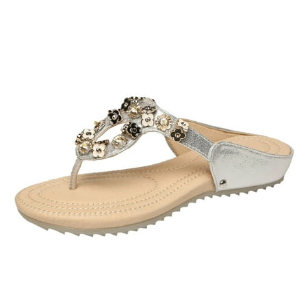 

Womens Sandals Ladies Fashion Summer Casual Beach Flip Flops Flower Rhinestone Flat Slippers Women S Sandals Pu Silver 40