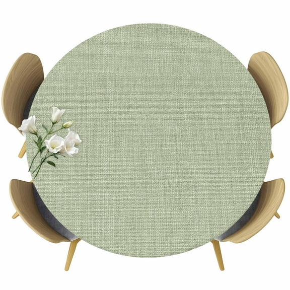 Sage Green Round Tablecloth 45-54 Inch Round Fitted Table Cloth with Elastic Edge, Country Minimalist Pure Color Linen Texture Waterproof Table Cover Protector for Outdoor Picnic Party Dining