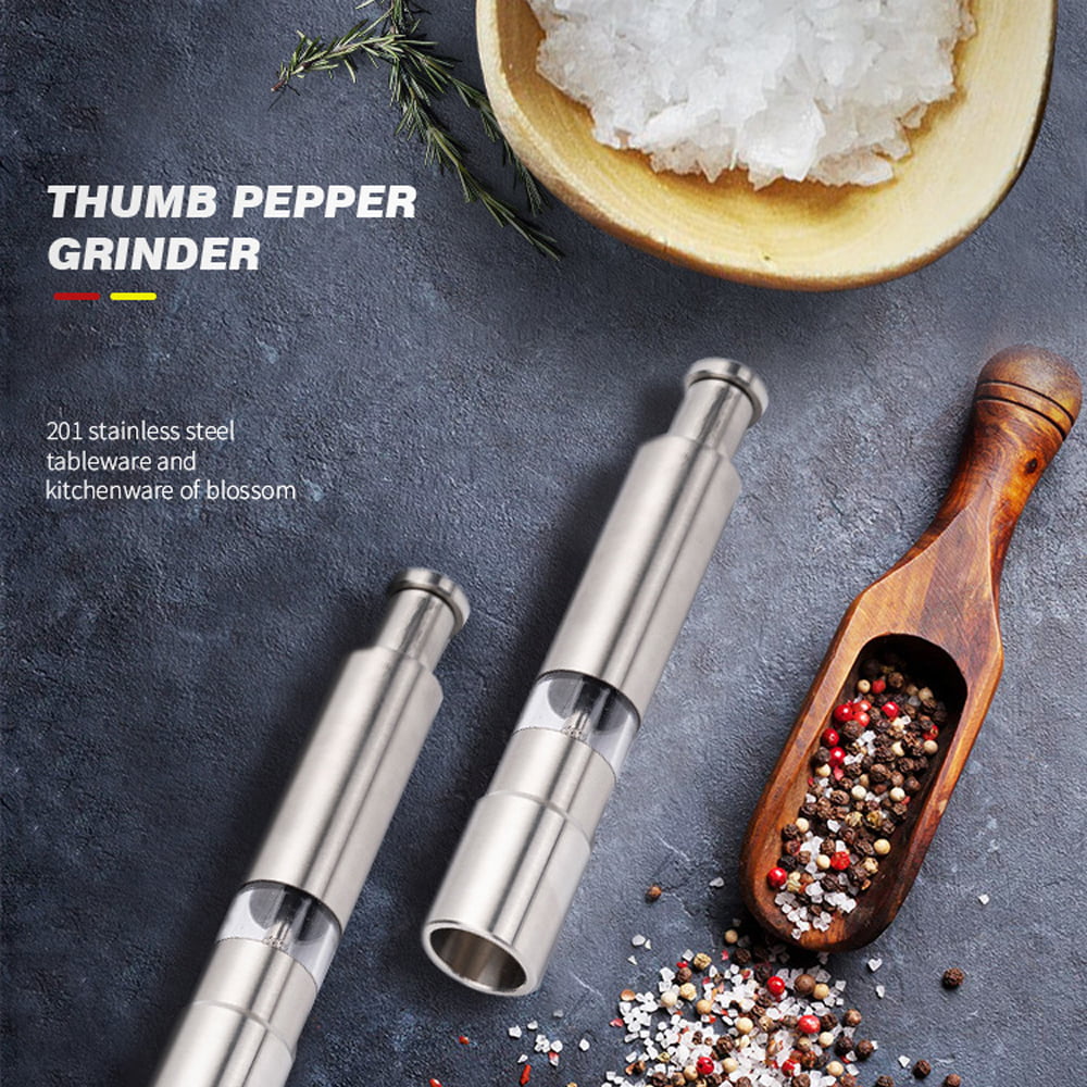 Salt and Pepper Grinder Set of 2,Stainless Steel Push Button Grinder Modern Design Thumb Grinder, for Black Pepper, Sea Salt and Himalayan Salt, Spice