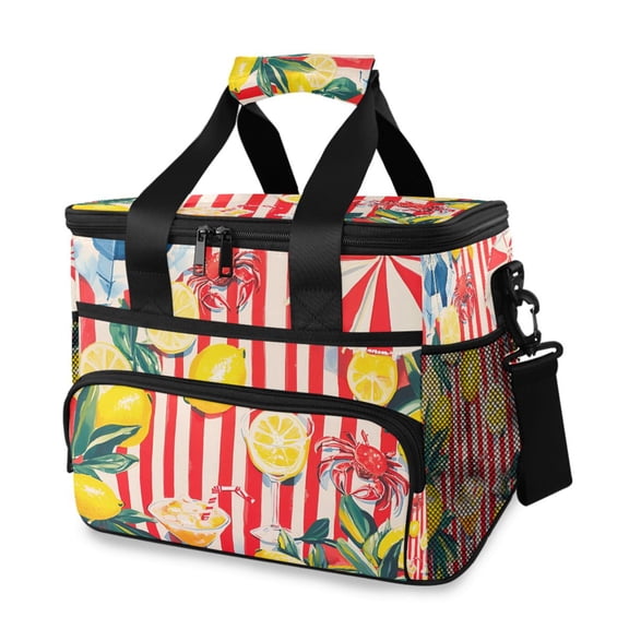 FORMRS Insulated Cooler Bag 24 Cans Capacity Soft Leakproof Lunch Box with Side Pockets, Red Striped Lemon