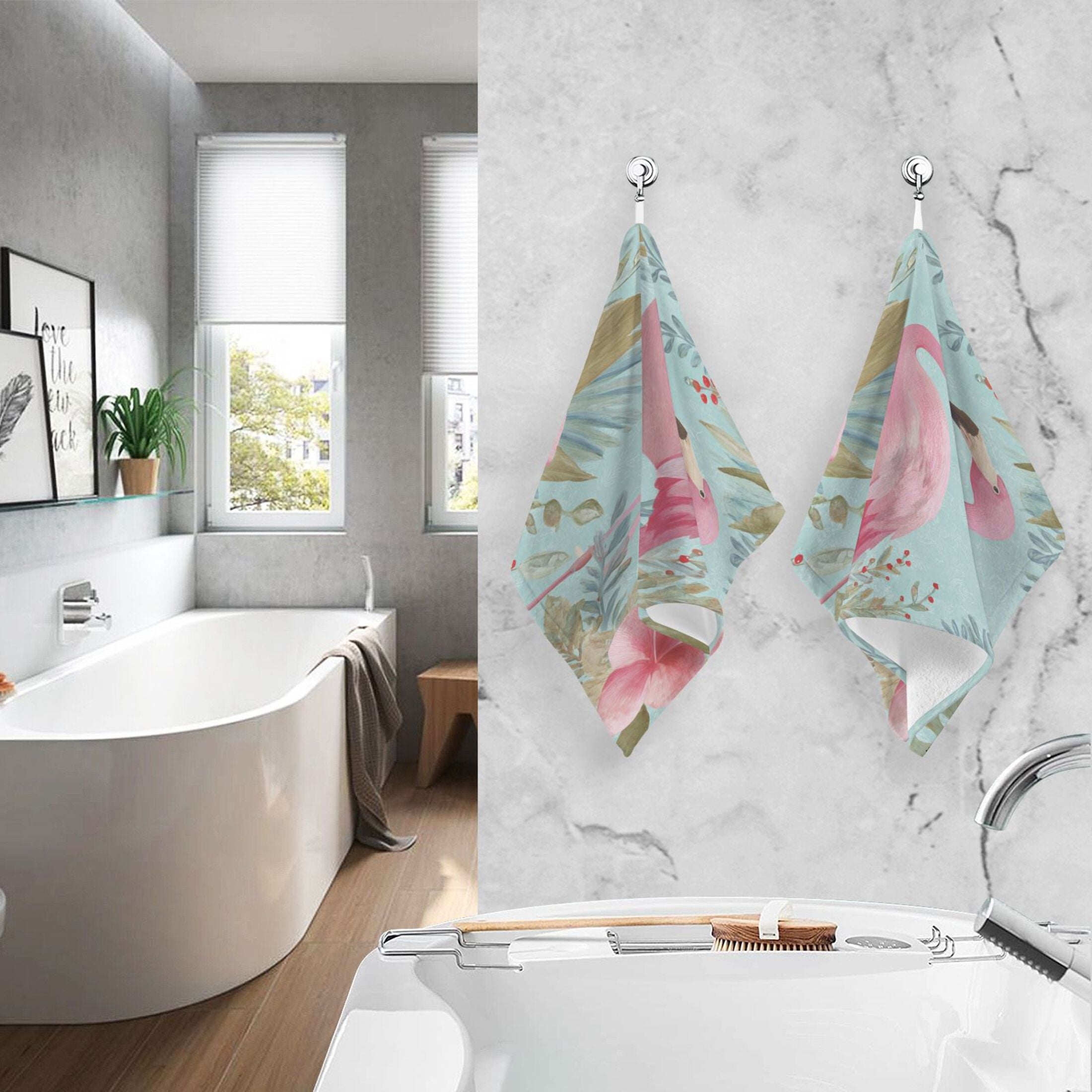 2 Pieces of Cotton Towel Face Towel Set Hand Towel Bath Towel Cotton Bath Towel Sets Pink Flamingo